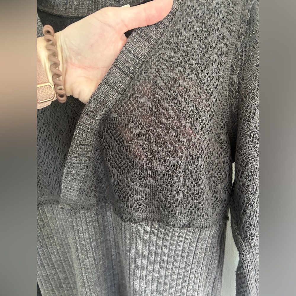 POL Babydoll Mixed Media Pointelle Knit Gray V-Neck Sweater Indie Boho Y2K Sz L - Picture 9 of 12